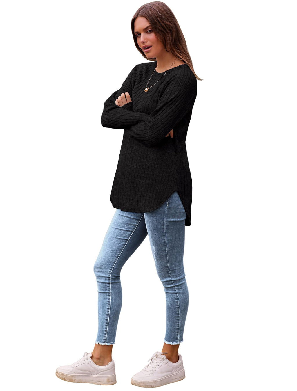 Saloogoe Black Sweaters for Women Tunic Shirts for Women Dressy Casual Long Sleeve Fall Tops 2025 Fashion XL