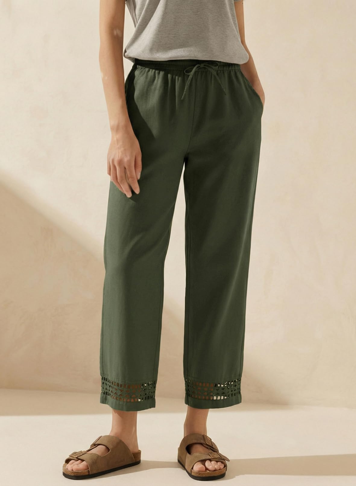 Acelitt Women Casual Linen Pants Fall Fashion 2026 Lightweight Drawstring Elastic Waist Beach Capri Pants Trousers with Pockets Dark Green Medium