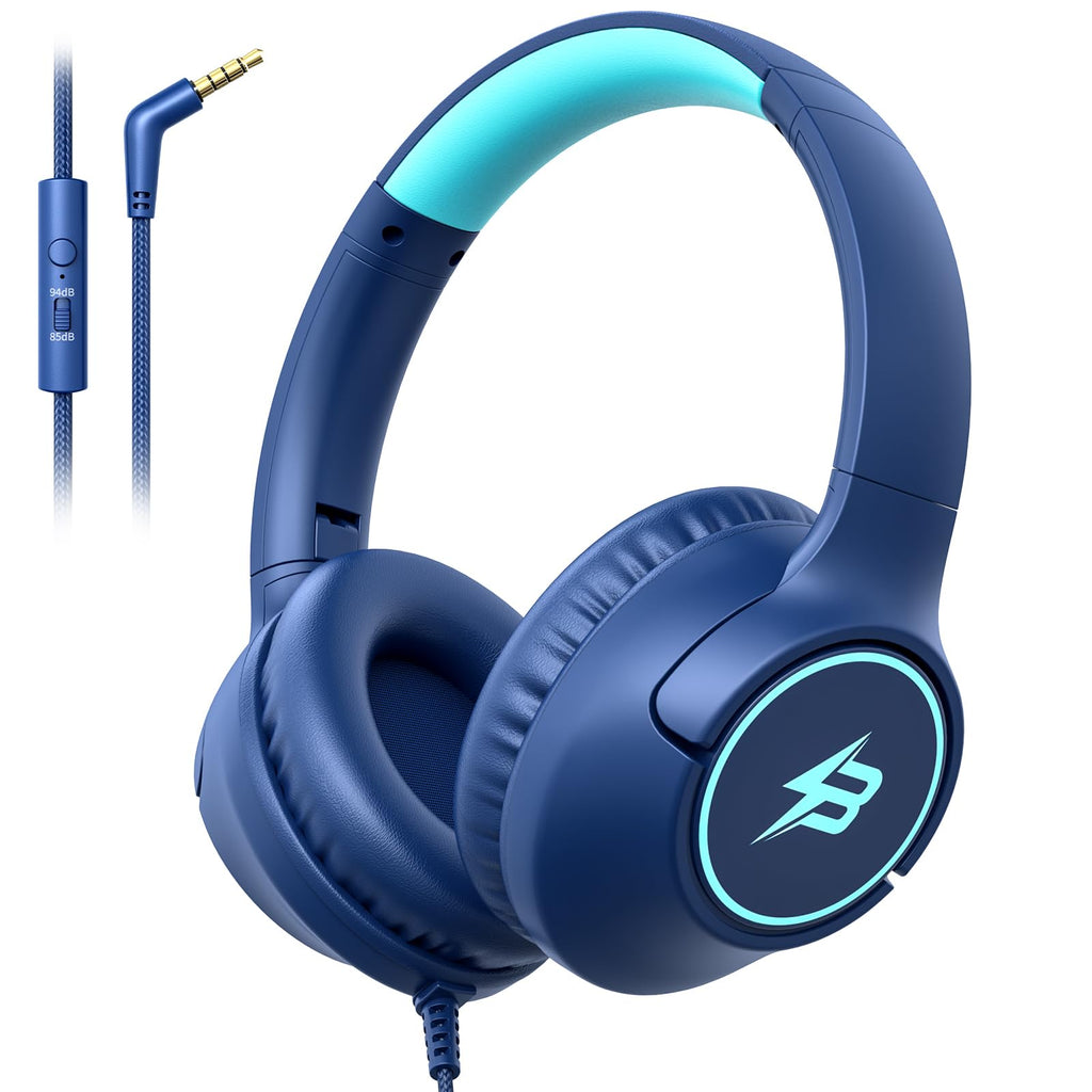 Kids Headphones Wired for School, 85/94dB Volume Limit, Wired Over Ear Headphones for Kids Boys Girls with Microphone, Stereo Sound 3.5mm Cord for Kindle Tablet Airplane Travel, Navy Blue