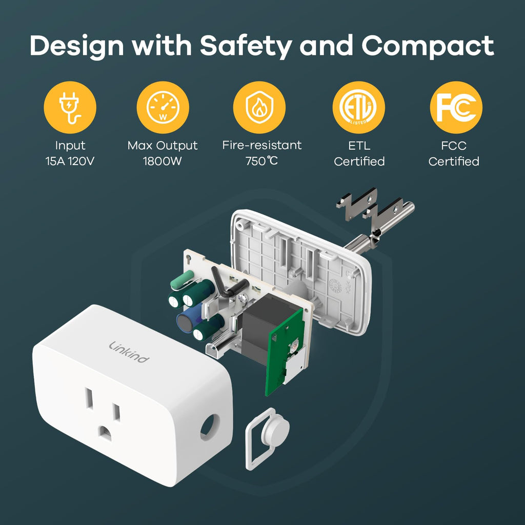 Linkind Matter Smart Plug, Work with Apple Home, Siri, Alexa, Google, SmartThings, Smart Home Smart Outlet Timer 15A/1800W, APP Remote Control & Schedule, ETL & FCC Certified, 2.4G Wi-Fi Only, 4 Pack