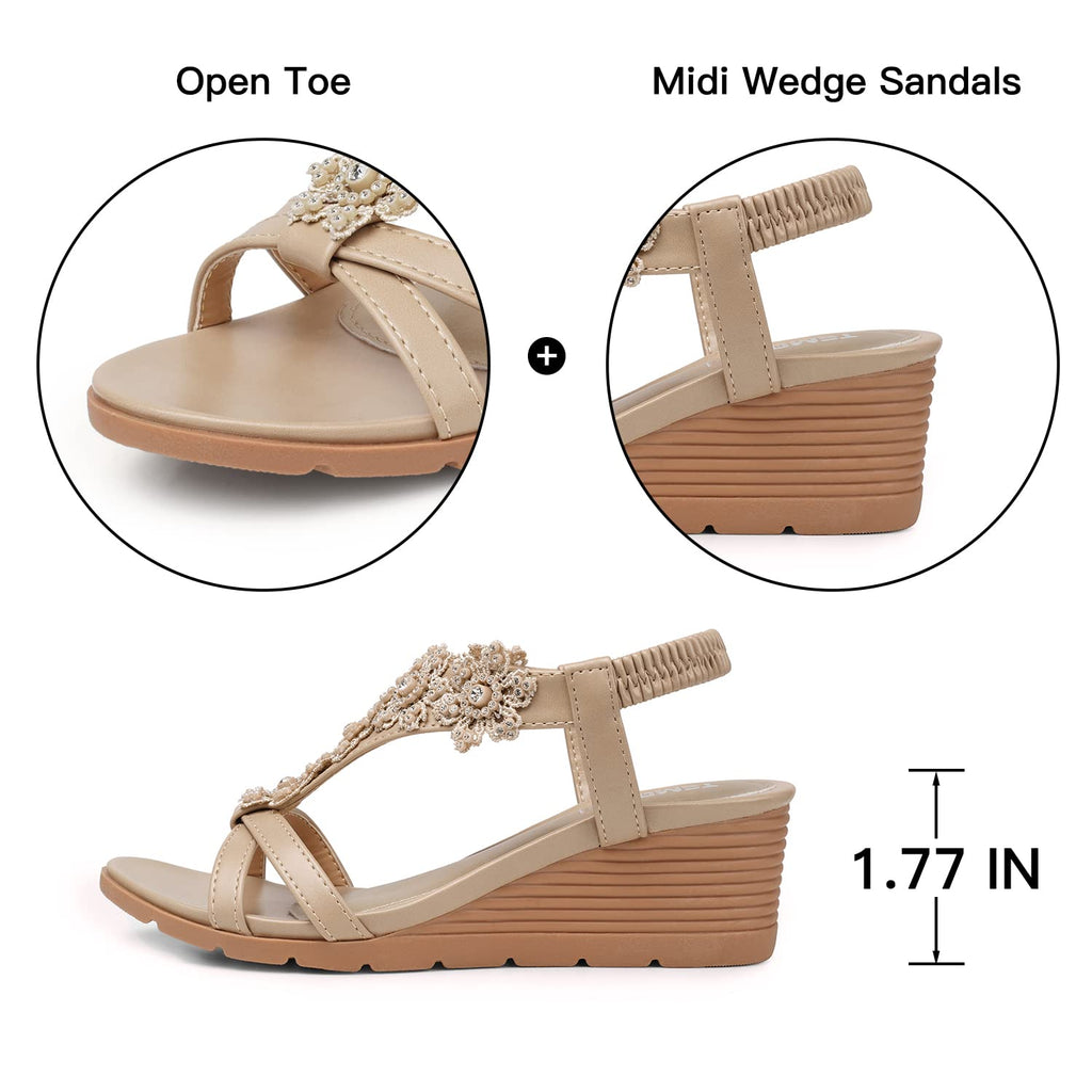 TEMOFON Women's Low Wedge Heels Summer Dressy Platform Sandals Elastic Ankle Strap Open Toe Flower Shoes Nude Size 8