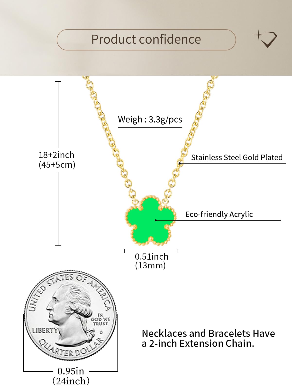 Qinpan 14K Gold Four Leaf Clover Necklaces for Women Lucky Flower Jewelry (Lime Green-14K Gold)