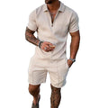 BIRW Size L Beige Mens Short Sets 2 Piece Outfits Polo Shirt Fashion Summer Tracksuits Casual Set Short Sleeve and Shorts Set for Men