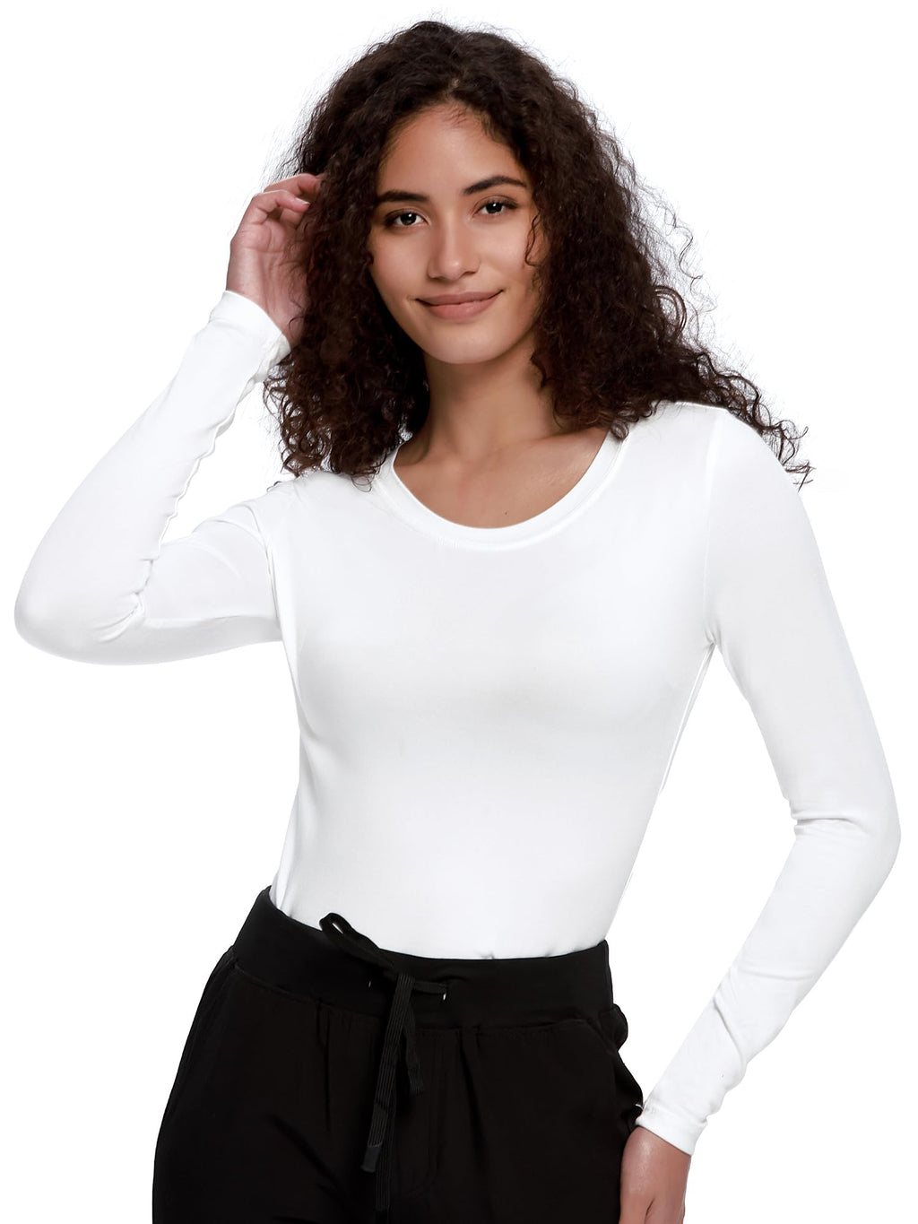 COZYFIT Underscrub Long Sleeve Women - Scrubs Undershirts for Nurse with Soft Fabric, Crew Neck Tee, White, L