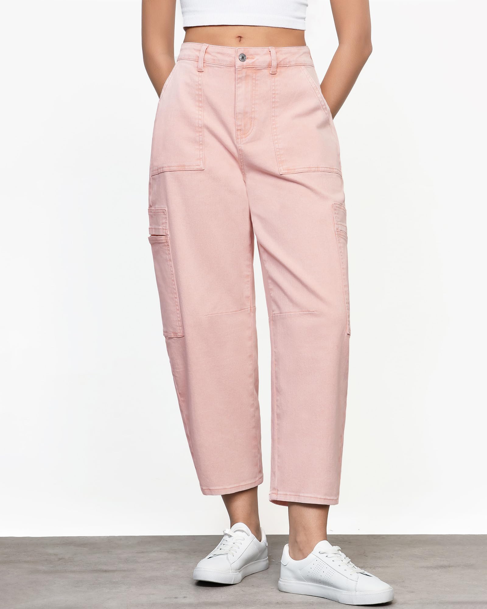 GRAPENT Women's Trendy Summer Casual Cropped Barrel Leg Stretchy Jeans - Candy Pink, Size 12 to 14