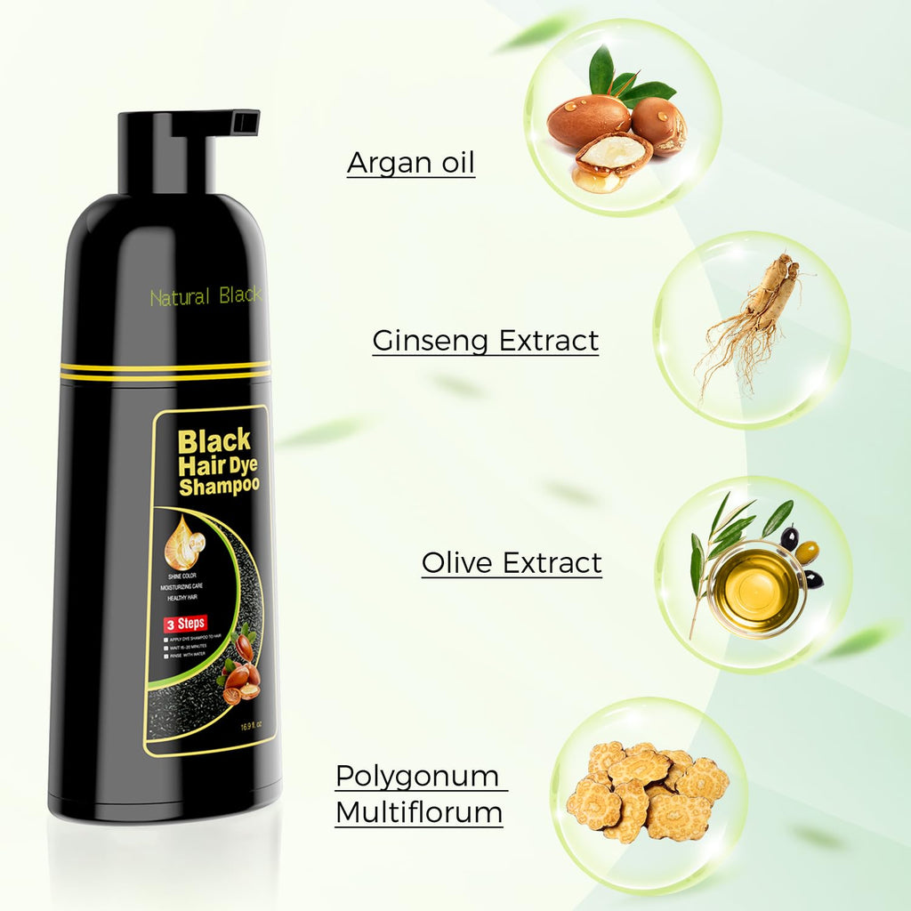 KAISASA Black Hair Dye Shampoo 3 in 1，Argan Natural Herbal Formula Hair Color Shampoo Covers Gray Hair for Women and Men (16.9 fl.oz Black)