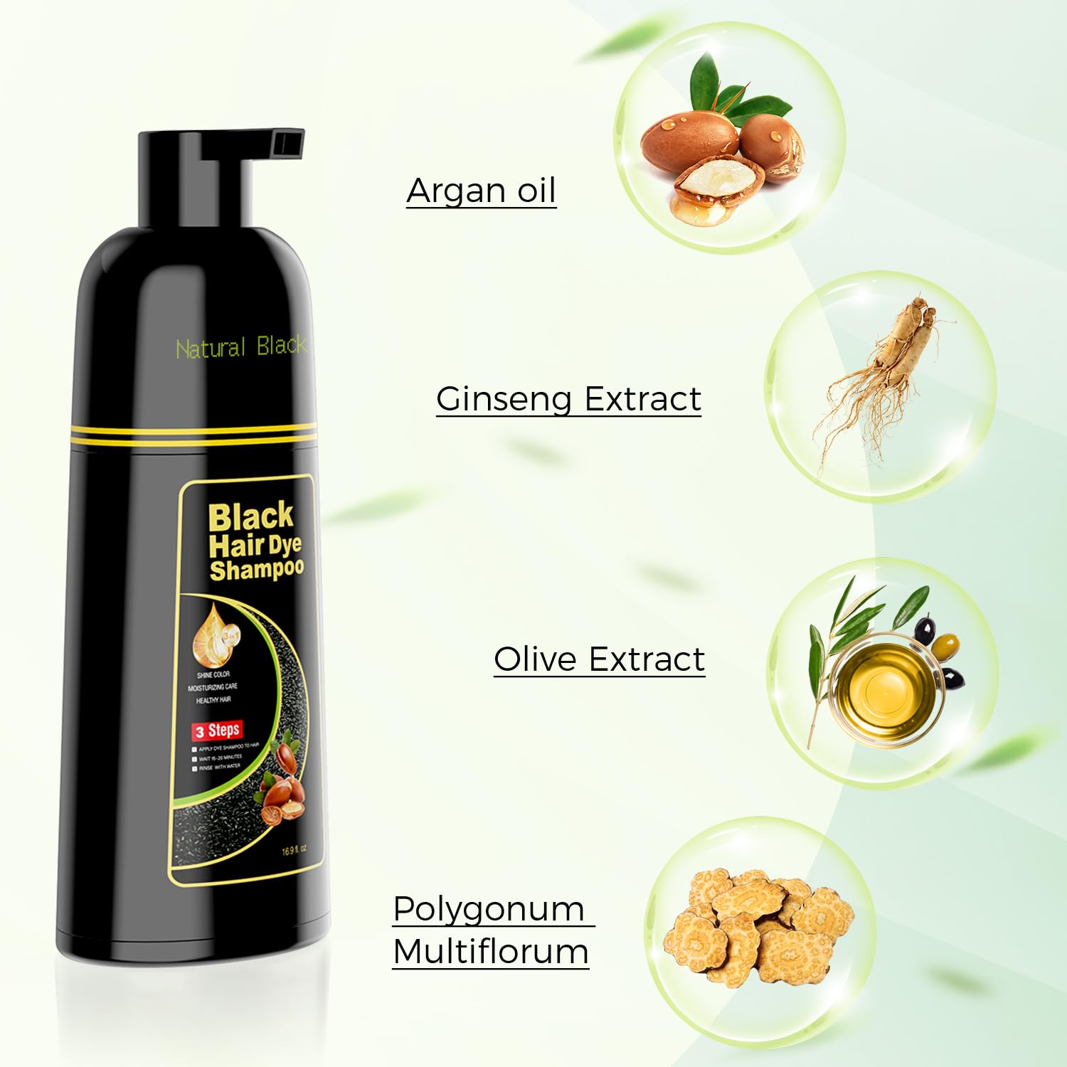 KAISASA Black Hair Dye Shampoo 3 in 1，Argan Natural Herbal Formula Hair Color Shampoo Covers Gray Hair for Women and Men (16.9 fl.oz Black)