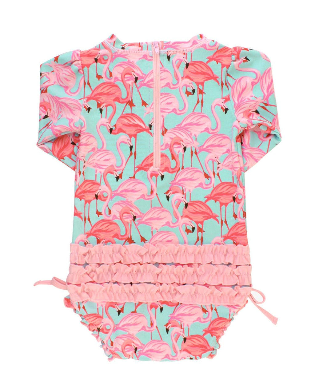 RuffleButts Baby Girls UPF 50+ Sun Protection Tropical Print Long Sleeve One Piece Rash Guard Swimsuit with Zipper - Fab Flamingo, 3-6m