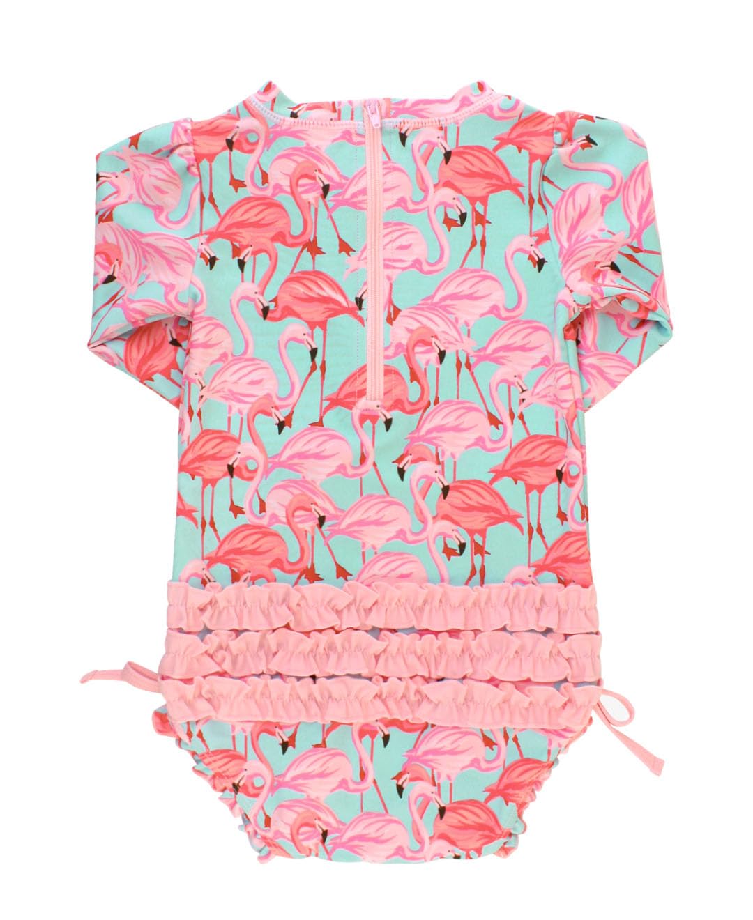 RuffleButts Baby Girls UPF 50+ Sun Protection Tropical Print Long Sleeve One Piece Rash Guard Swimsuit with Zipper - Fab Flamingo, 3-6m