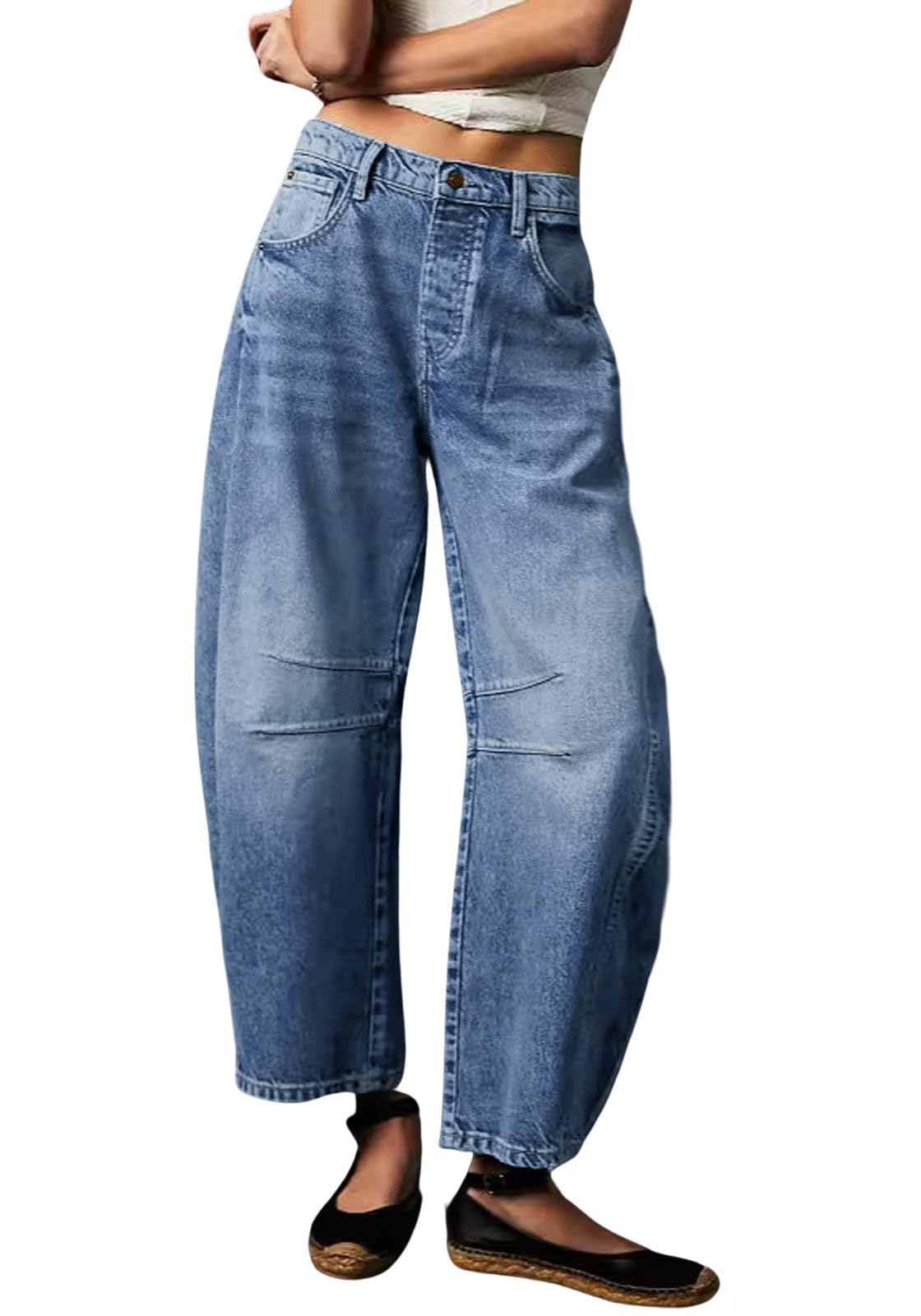 Womens Stretchy Mid Rise Barrel Jeans Vintage Loose Wide Leg Cropped Denim Pants Y2k Baggy Boyfriend Jeans (Large,Blue)