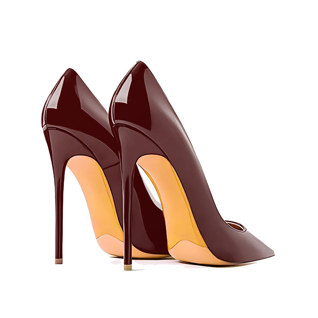 Qunvngutui Women's Pointed Toe Shallow Stiletto Heels 4.7 Inch Pumps Wedding Party Banquet Shoes Wine Red Patent Leather US5