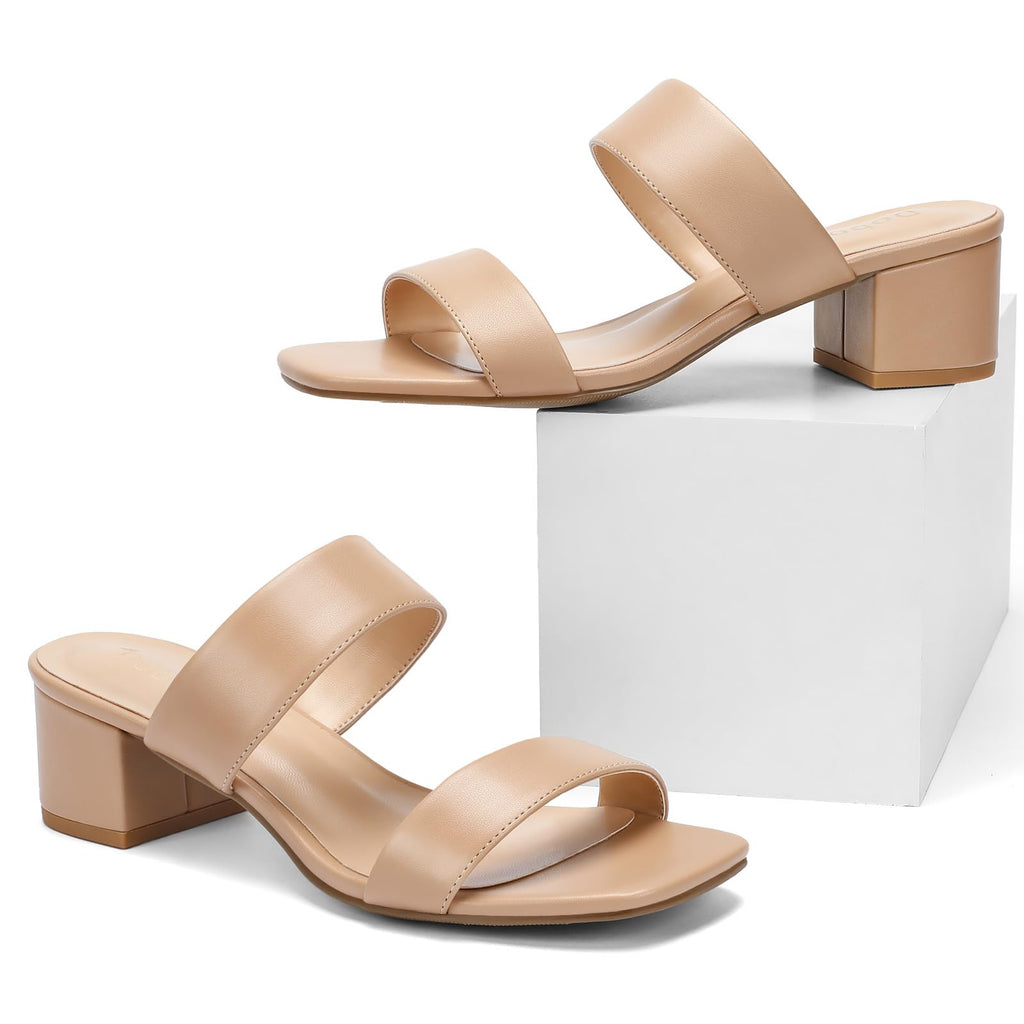 DOBOLIN Women's Wide Width Heels Square Open Toe Sandals Two Strap Heeled Sandals 2-Inch Dress Shoes Chunky Low Heels Comfortable Dressy Party Wedding Bridal Nude Size 11W