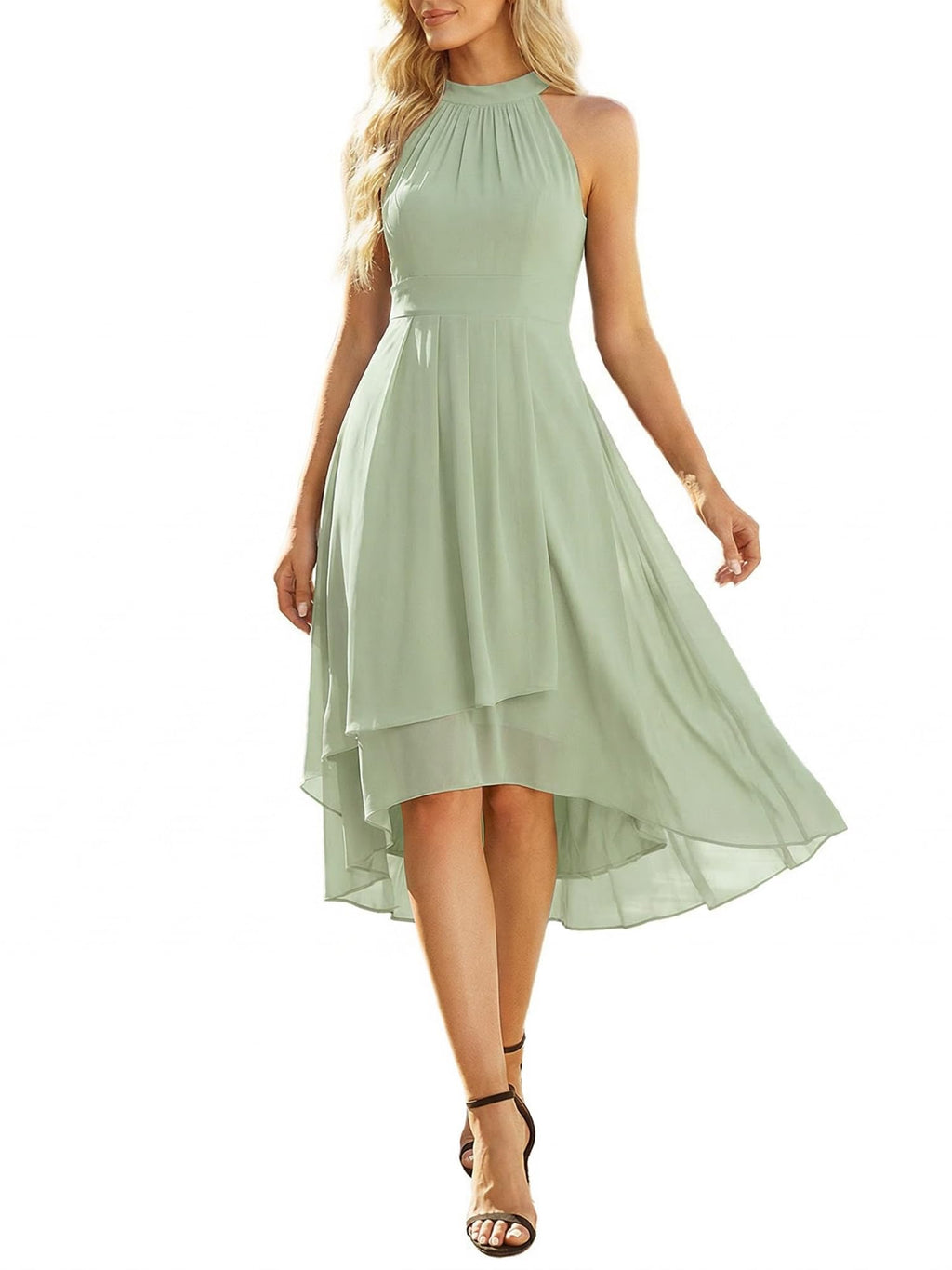 Ever-Pretty Women's Sexy Halter Neck Pleated Sleeveless Hi-Lo Chiffon Summer Wedding Guest Dress Cocktail Dresses Mint Green US16