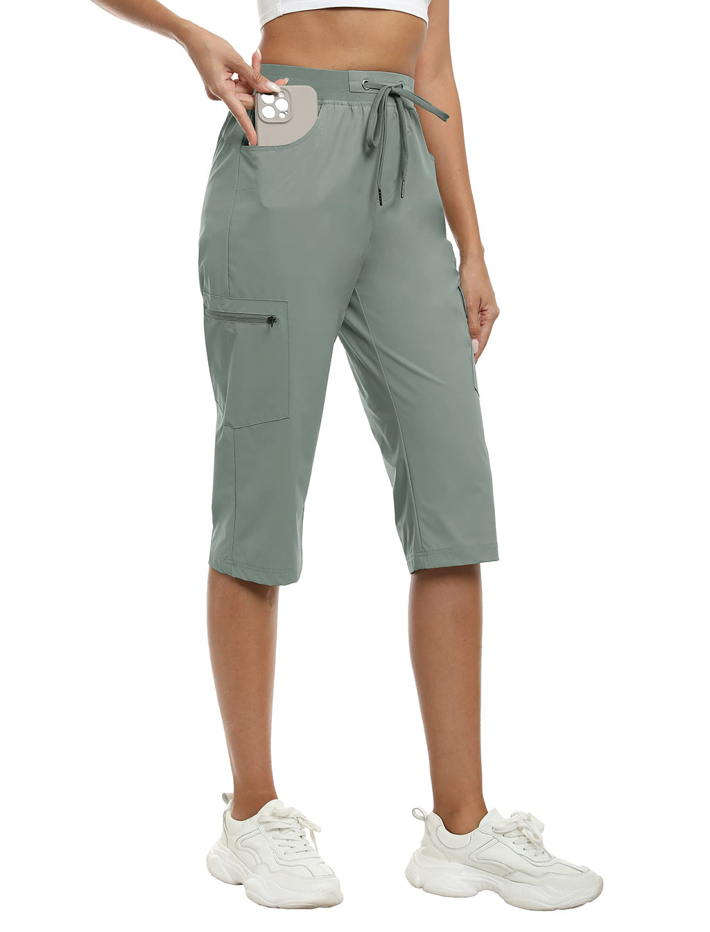MoFiz Capri Pants for Women Capri Cargo Pants for Women Quick Dry Lightweight Outdoor Casual Gray Green XXX-Large