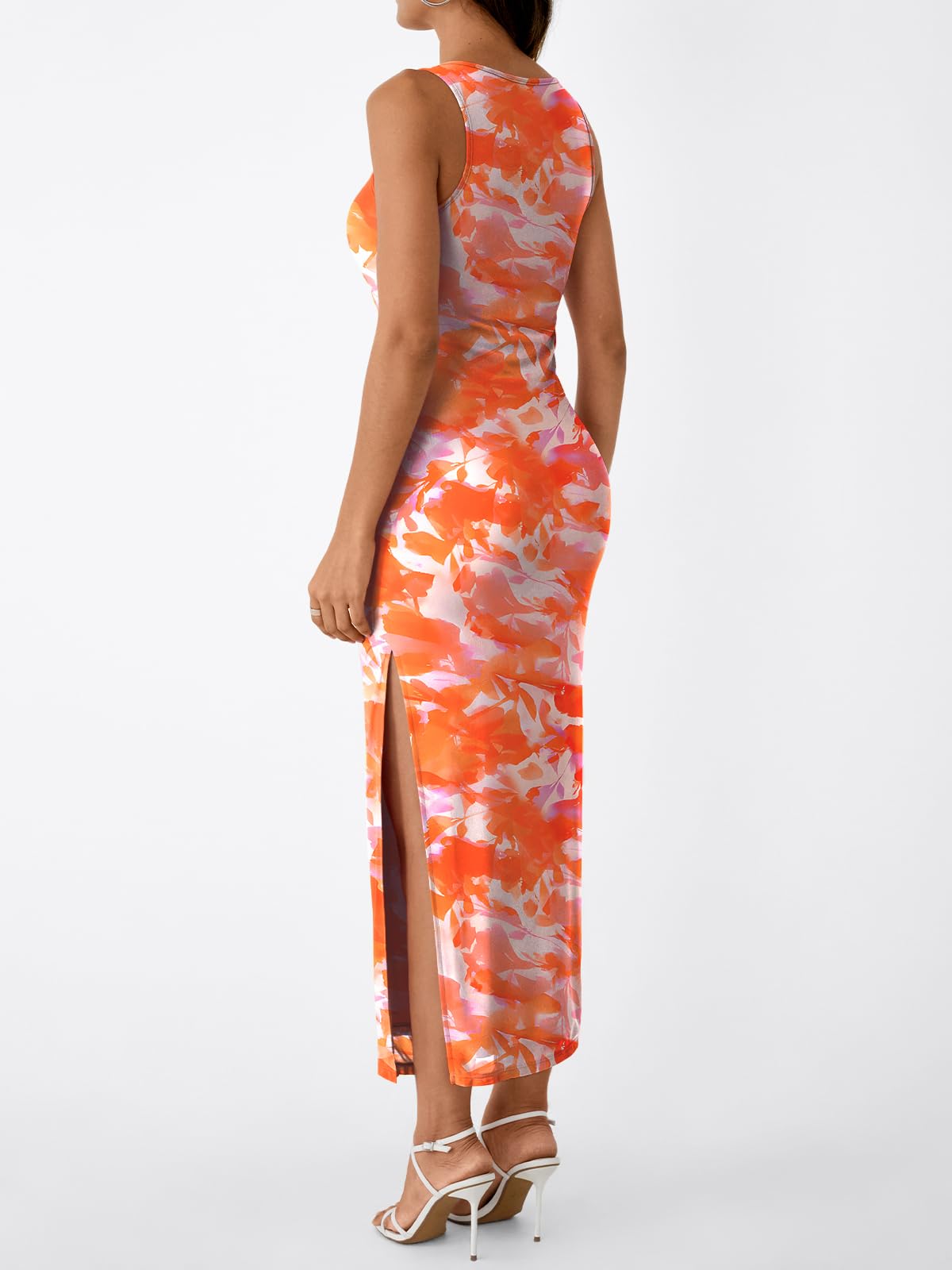 Trendy Queen Women Wedding Guest Dress 2026 Valentine Spring Summer Easter Bodycon Maxi Elegant Cocktail Vacation Beach Clothes Outfit Floral Long Birthday Date Night Cute Sexy Tropical Orange M