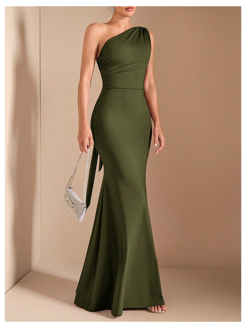Verdusa Women's One Shoulder Maxi Formal Dresses Tie Backless Wedding Guest Dress Elegant Festival Date Night Outfits Army Green Small