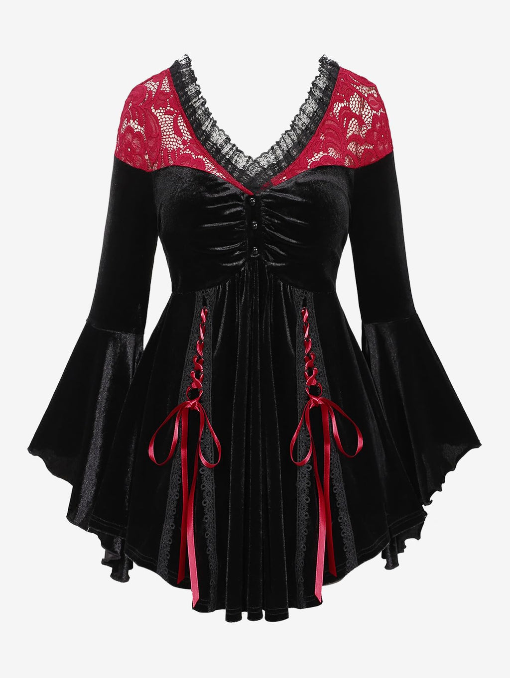 ROSE GAL Rosegal Women Plus Size Romantic Gothic Lace-up Lace Panel Ruched Bell Sleeves Velvet Tee Flare Sleeves Gothic Witch Costume Top(Black_2/1X)