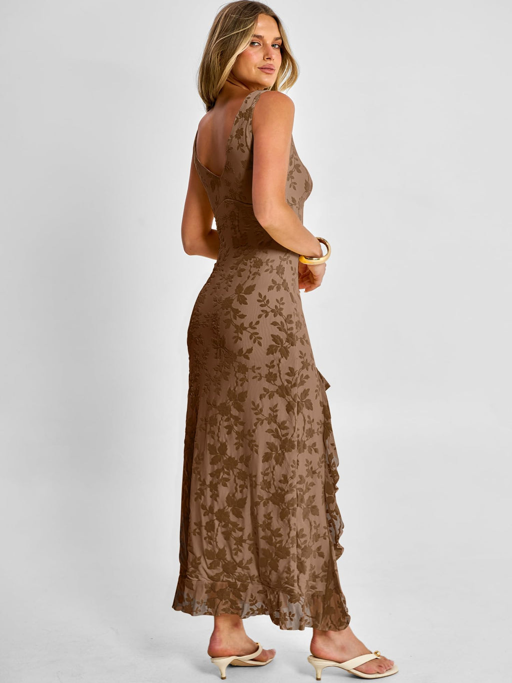 ANRABESS Womens Sexy V Neck Sleeveless Wedding Guest Dresses Spring Mesh Bodycon High Slit Ruffle Hem Cocktail Maxi Dress Coffee Small