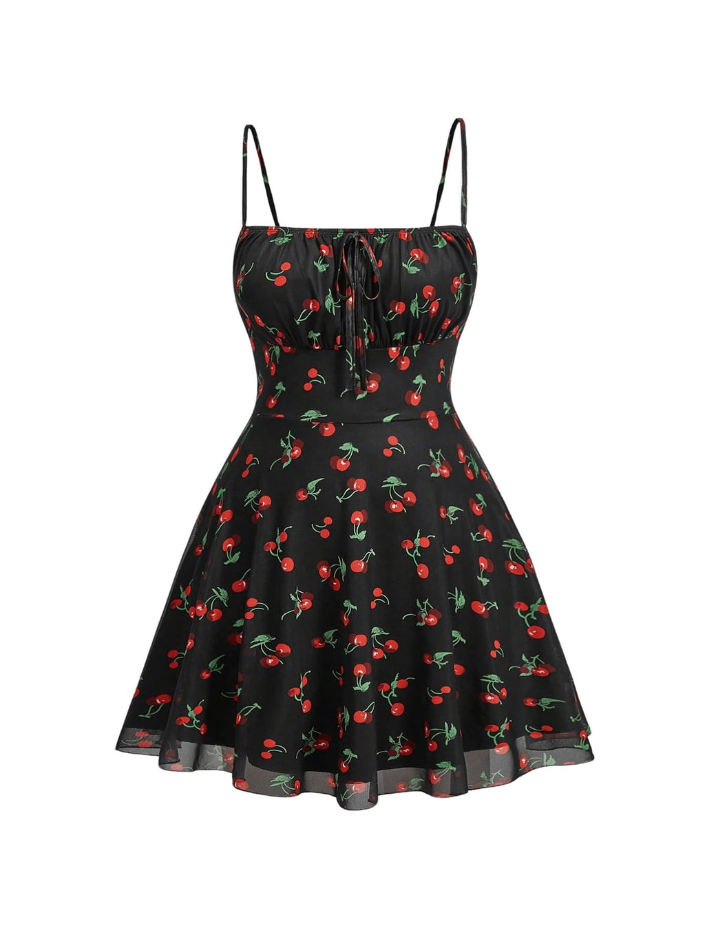 WDIRARA Women's Plus Size Cherry Print Tie Front Ruffle Hem A Line Cami Dress Black 5XL