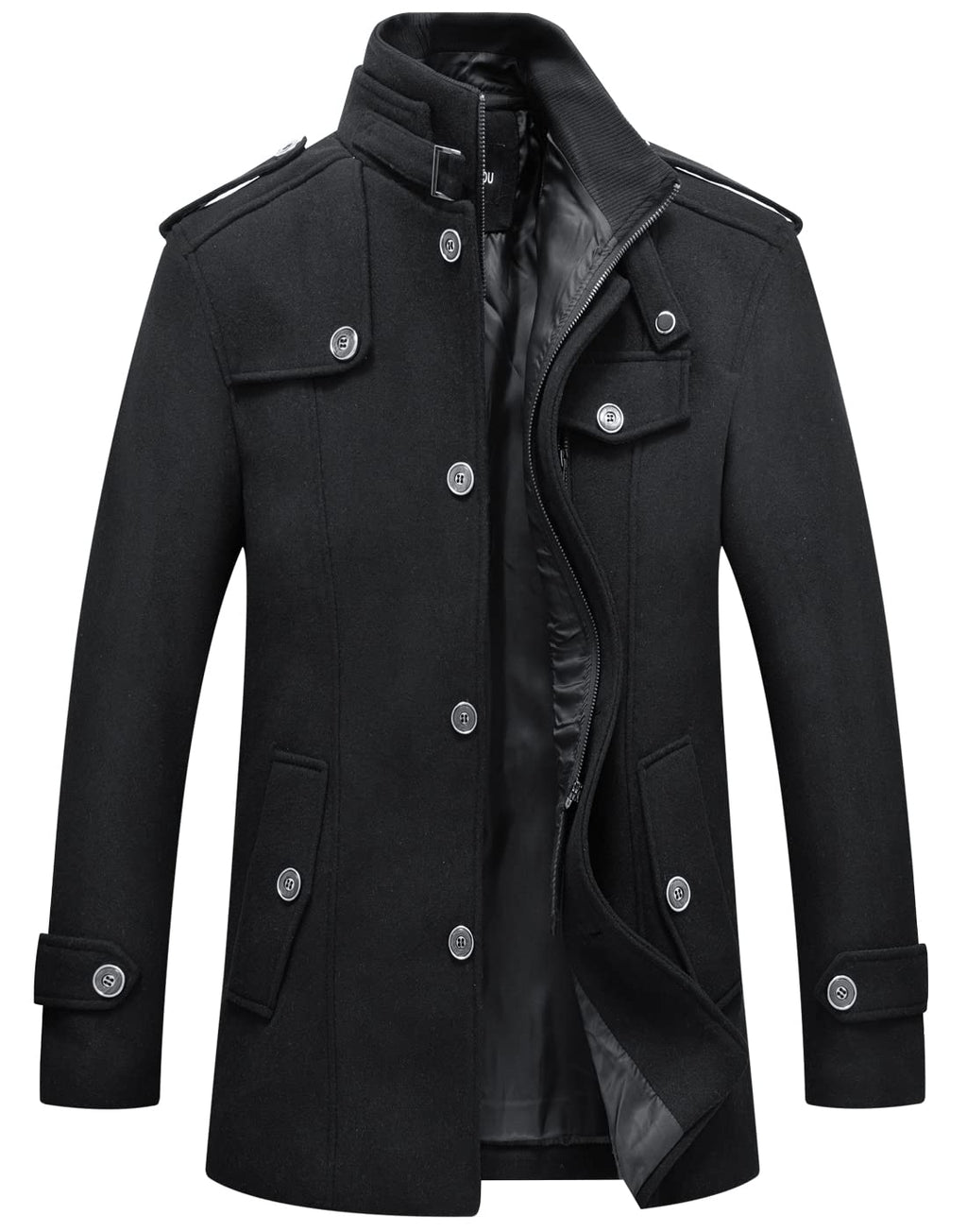 chouyatou Men's Winter Stylish Wool Blend Single Breasted Military Peacoat (Medium, Solid-Black)