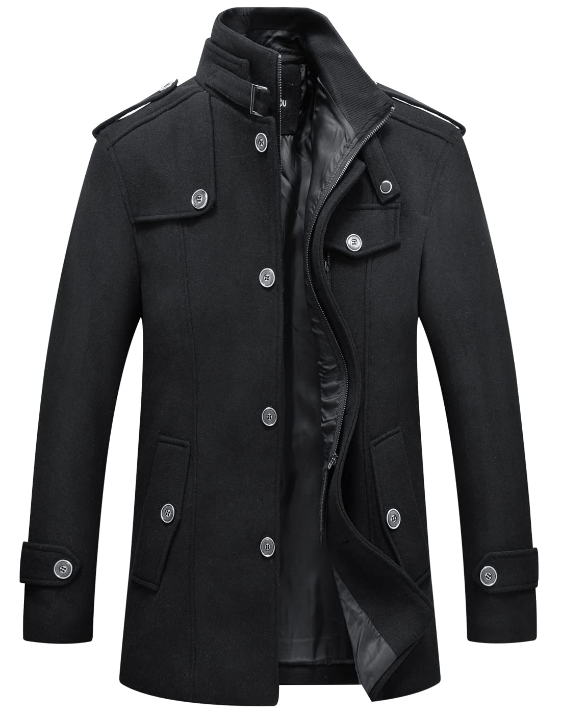 chouyatou Men's Winter Stylish Wool Blend Single Breasted Military Peacoat (Small, Solid-Black)
