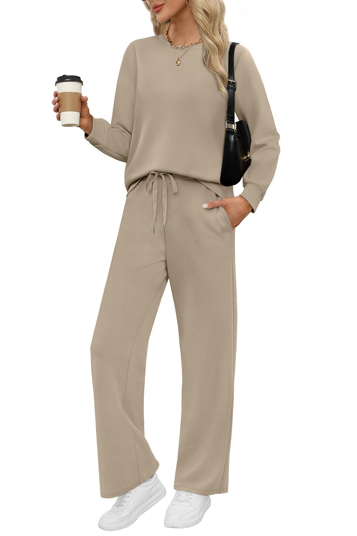 WIHOLL Sweatsuits Women 2 Piece Outfit 2025 Fall Winter Matching Sets Clothing Wide Leg Sweatpants Tracksuits Concert Outfits 2000s Jogger Sets Teacher Womens Clothes Khaki S