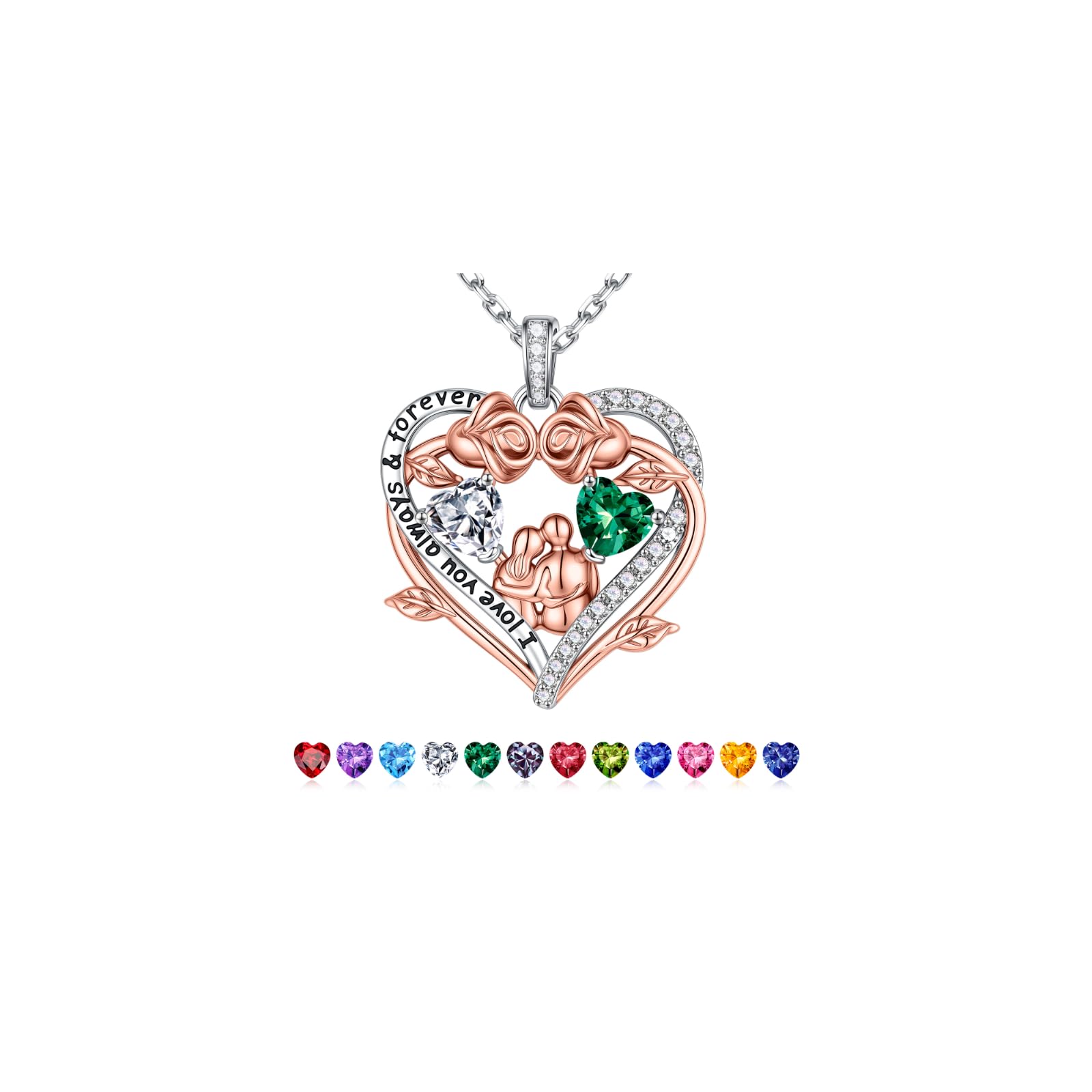 Iefil Jewelry for Women - Rose Heart Birthstone Necklace, April May Birthstone Necklace, Emerald Green Jewelry, Heart Necklaces for Women