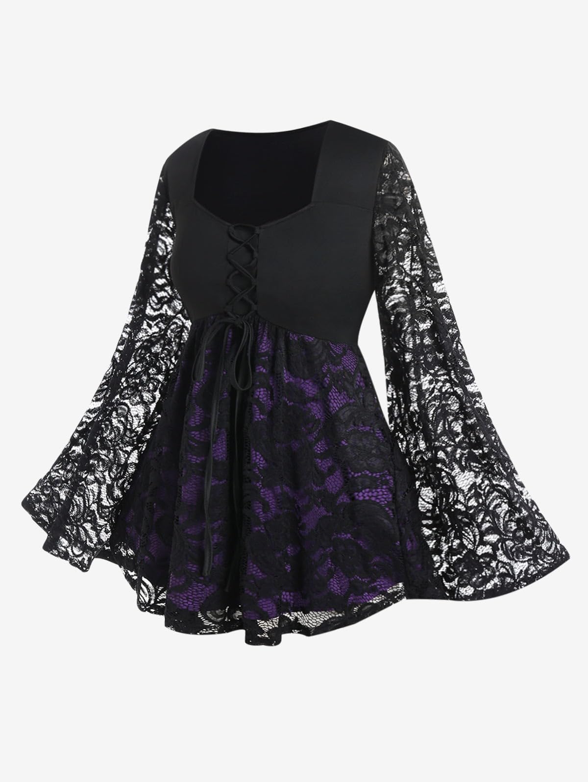 ROSE GAL Rosegal Women Plus Size Gothic Lace Flare Sleeves Lace-up Colorblock Gothic Tee Witch Halloween Costume Bell Sleeves Two Tone T-Shirt Long Sleeves Gothic Top(Black_2/1X)