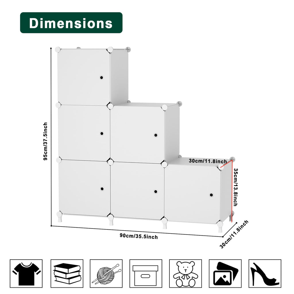 ATTDETJL Cube Storage Organizer, 6-Cube Shelves Unit with Doors, DIY Stackable Plastic Clothes Organizer for Bedroom and Under Stairs Storage Unit, Each Compartment 30 x 30 x 30 cm White ATTSL6002