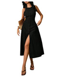 WDIRARA Women's Button Down Sleeveless Midi Dress Crew Neck Tie Back Dressy Tank Dress with Pockets Black Medium
