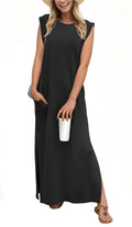 GRECERELLE Women's Summer Crew Neck Loose Split Casual Long Maxi Beach Dress with Pockets (Small, Black)