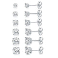 18K White Gold Plated 4 Pong Round Clear Cubic Zirconia Stud Earring Pack of 6 Pairs (6 Pairs)