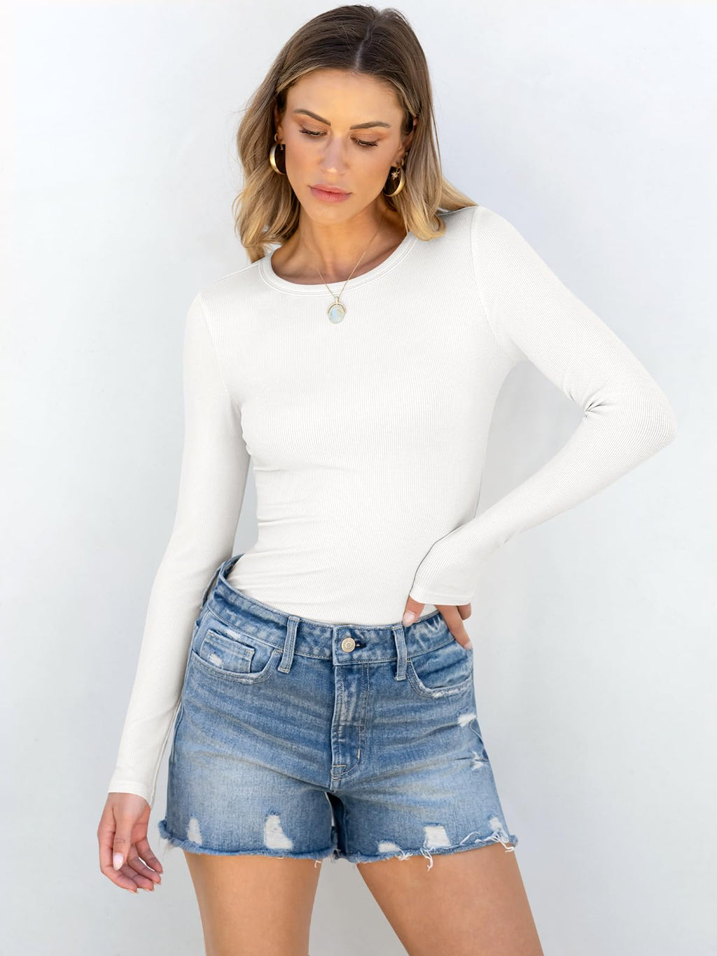 ANRABESS Women Long Sleeve Shirts Rib Knit Slim Fit Tops Basic Tee Spring Outfits Casual T-Shirt Underscrubs Layer Clothes White X-Large