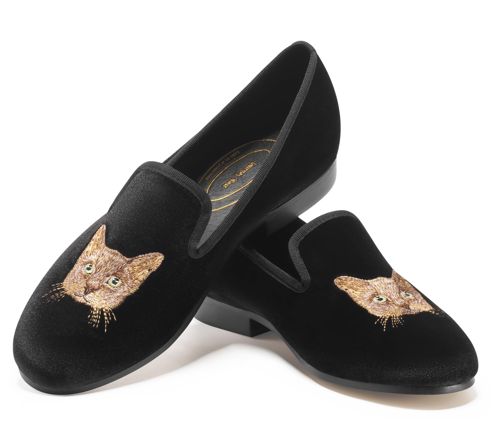 Journey West Women's Velvet Loafer Flat with Embroidery Smoking Slippers Slip on Shoes for Women Cat Black US 9.5