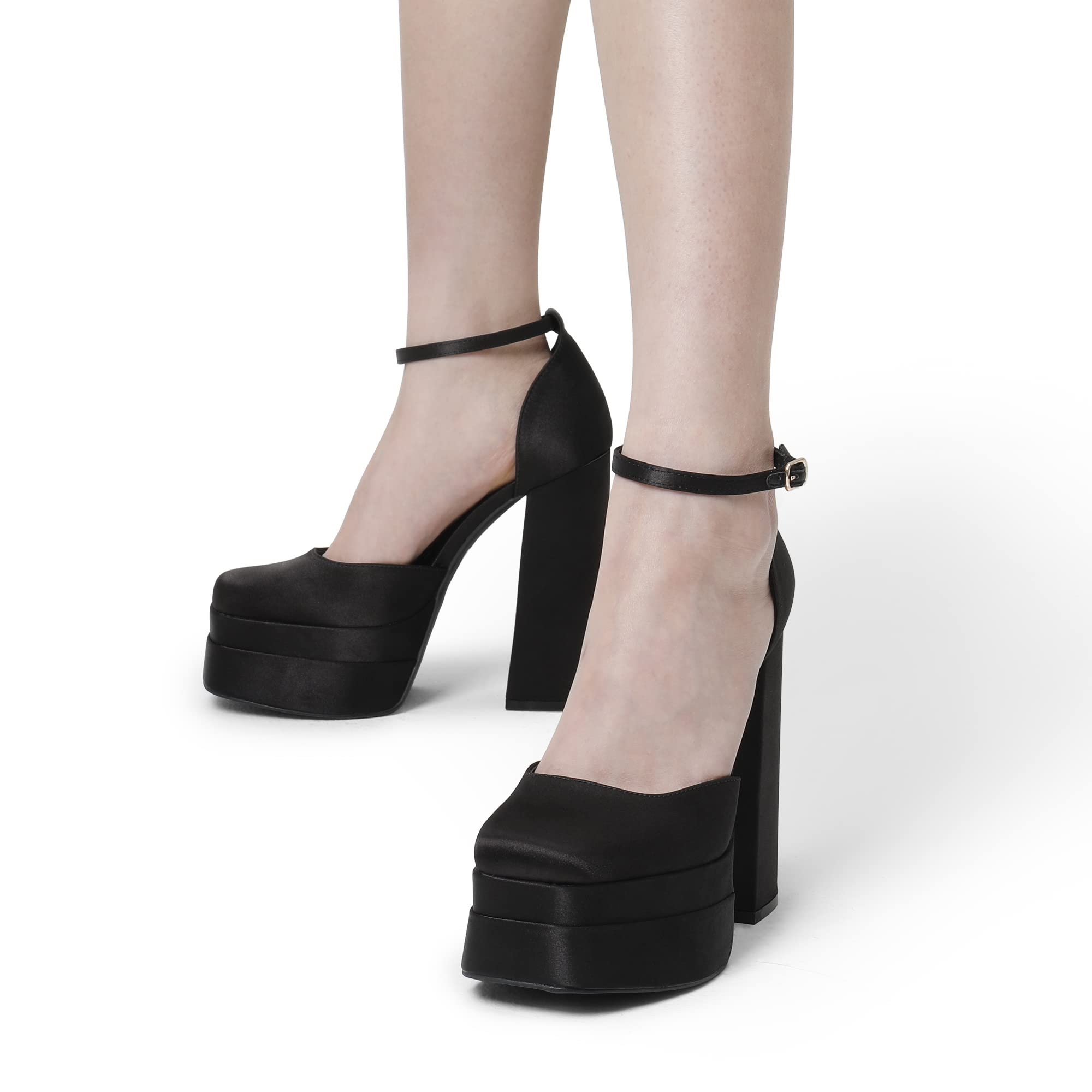 DREAM PAIRS Women’s High Chunky Platform Closed Toe Block Heels Square Toe Ankle Strap Dress Wedding Party Pumps Shoes Aurelia,Size 8,Black-Satin,SDPU2319W