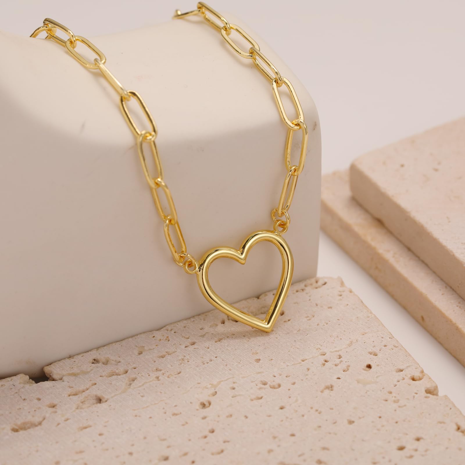 ASCOMY Dainty Gold Necklace for Women 14K Gold Plated Necklaces for Her Delicate Love Heart Necklace Paperclip Chain Heart Pendant Cute Necklaces Festival Jewelry Gift for Women