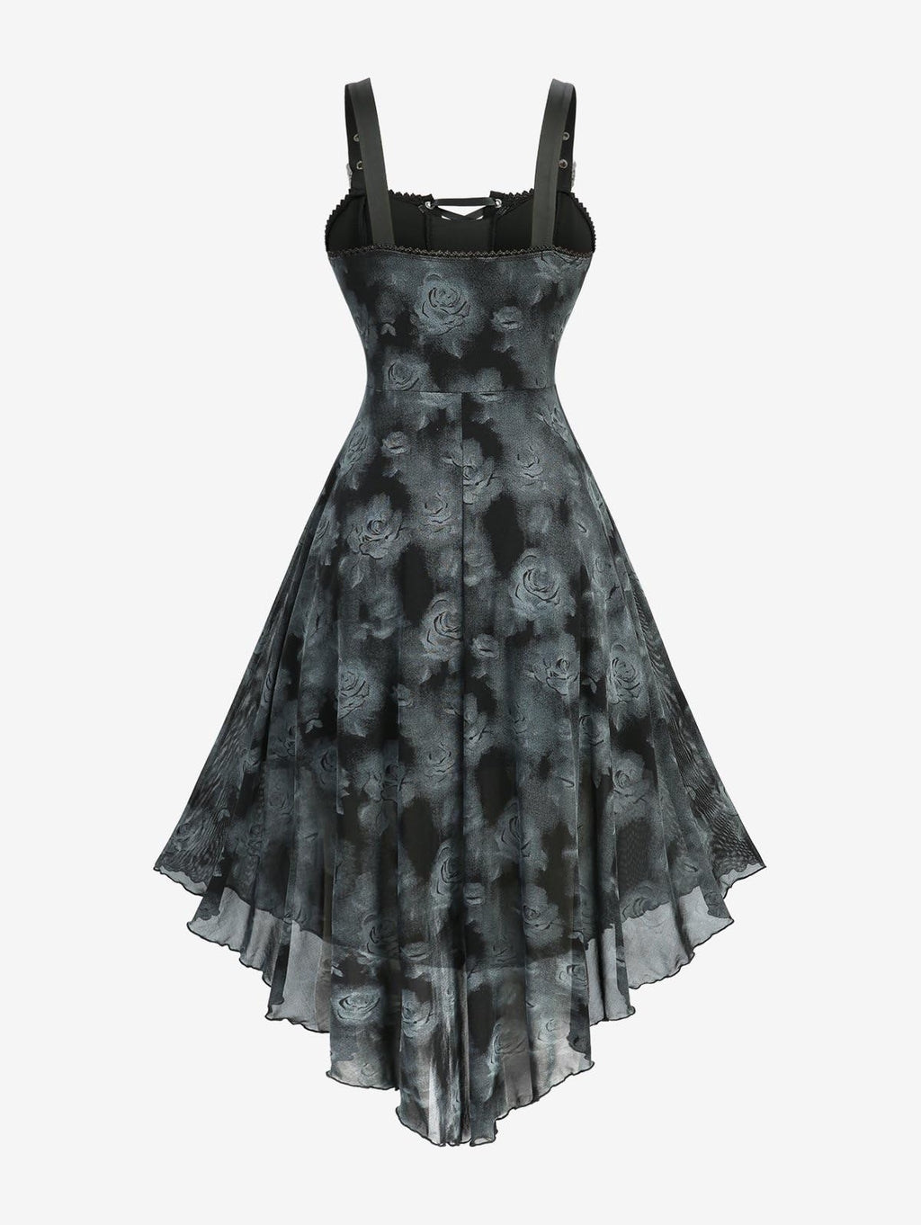 Rosegal Plus Size Gothic Dress for Women Halloween Costume Tie Dye Rose Print Lace-up Buckled Straps Handkerchief Hem Tank Goth Dress(Black/L)