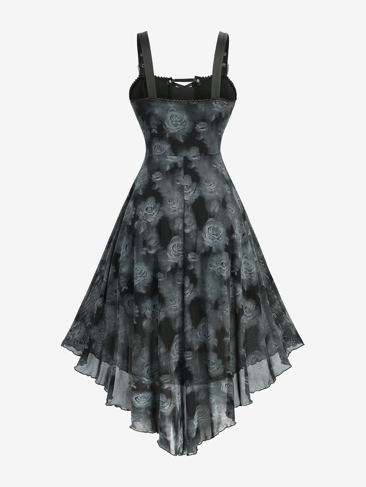 Rosegal Plus Size Gothic Dress for Women Halloween Costume Tie Dye Rose Print Lace-up Buckled Straps Handkerchief Hem Tank Goth Dress(Black/L)