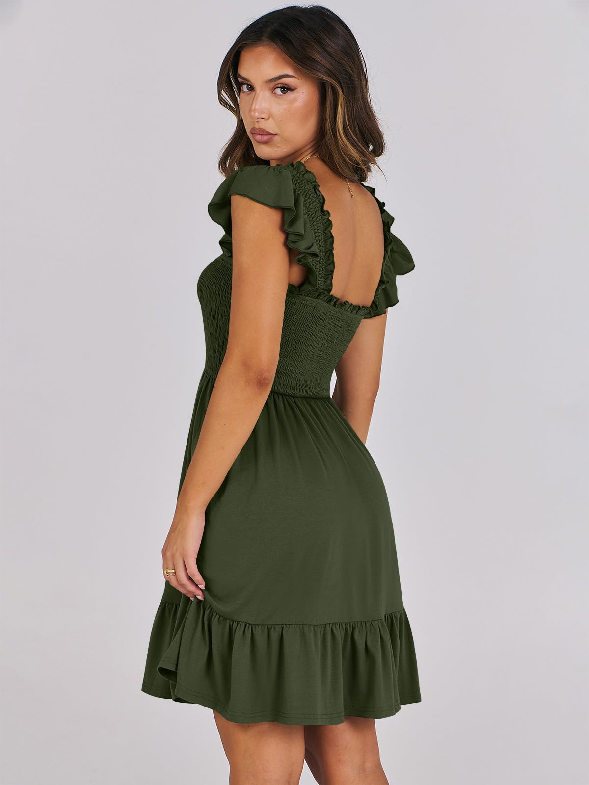 ANRABESS Women's Summer Casual Sleeveless Square Neck Dress 2026 Smocked Ruffle Backless Boho Beach Cute Teen Short Sundress Green Small