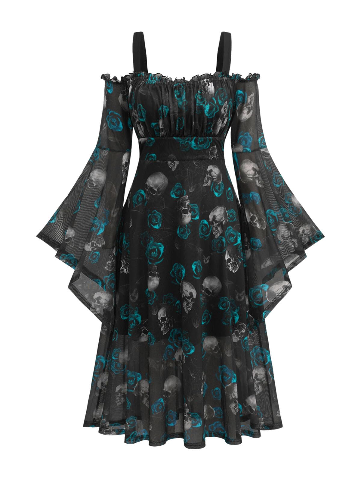 Rosegal Plus Size Women Medieval Renaissance Costume - Gothic Bell Sleeves Cold Shoulder Skulls Rose Mesh Dress - Blue (1/1X)