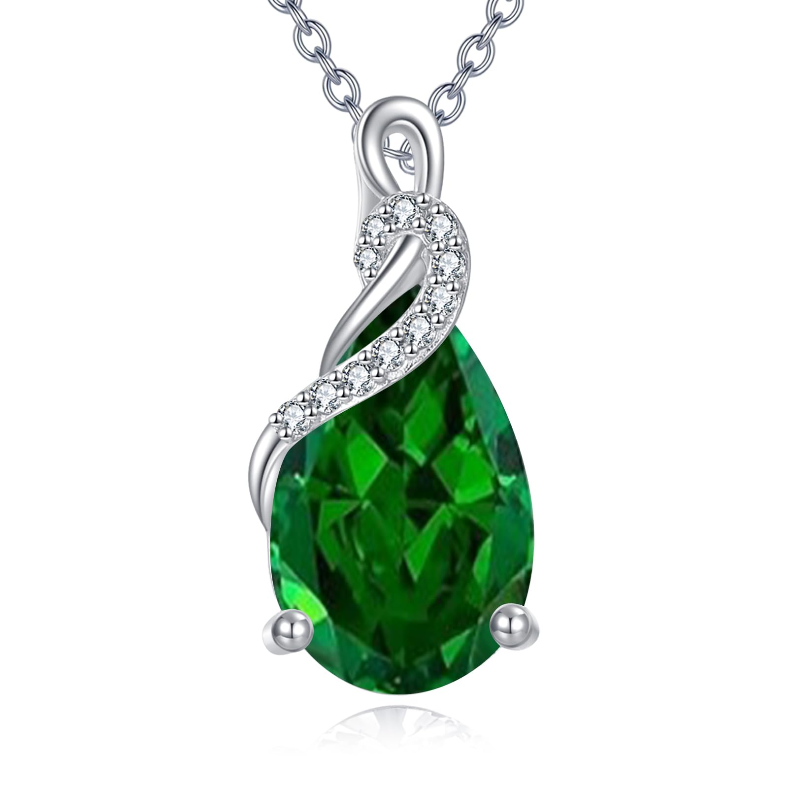 Yafeeso 14K Real White Gold Teardrop Created Emerald Necklace for Women Pear Cut Birthstone Pendant Necklaces Christmas Birthday Jewelry Gifts for Mom Wife Her, Sterling Silver Chain 18" + 2"