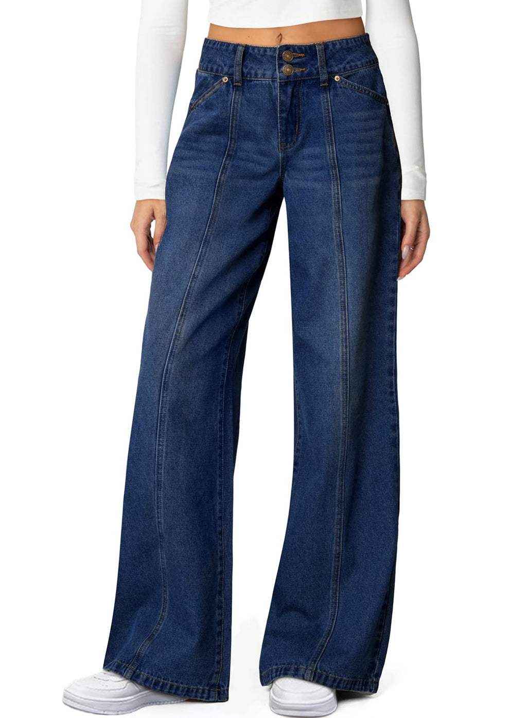 Sidefeel Women's Jeans High Waisted Stretchy Wide Leg Jeans Trendy Seamed Front Straight Leg Loose Denim Pants Bluing Size 10