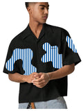 GORGLITTER Men's Boxy Cropped Shirt Button Down Short Sleeve Color Block Y2K Cool Streetwear Crop Tops Tee Black and Blue Small