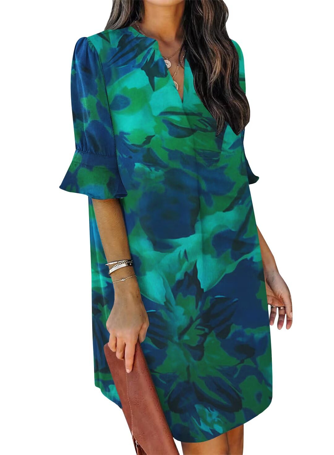QACOHU Women's Summer Casual Dresses Sundress Ruffle Sleeves Simple V-Neck Shift Dress Dye Green L