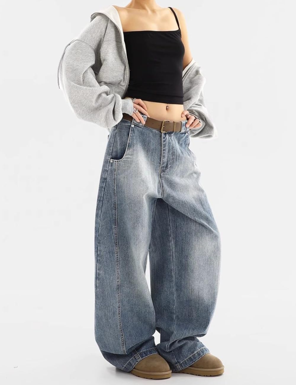 OTEEGX Barrel Baggy Jeans for Women Men Wide Leg Low Rise Jeans Loose Oversized Boyfriend Pants Aesthetic Clothes Blue1-L