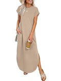ANRABESS Womens Summer Maxi Dress 2026 Casual Short Sleeve Loose Split Wrinkle-Free Beach Vacation Long Sundress with Pockets Almond Medium
