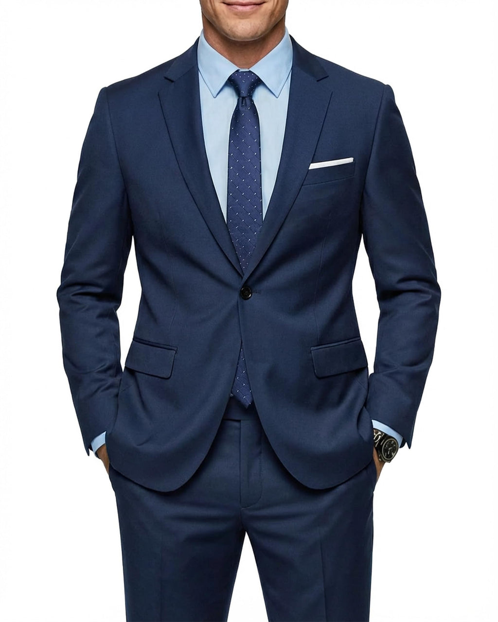 MY'S Men's 2 Piece Suit with Tie, One Button Slim Fit Solid Jacket and Pants Set, Suits for Men Party Prom Wedding & Business, Deep Blue
