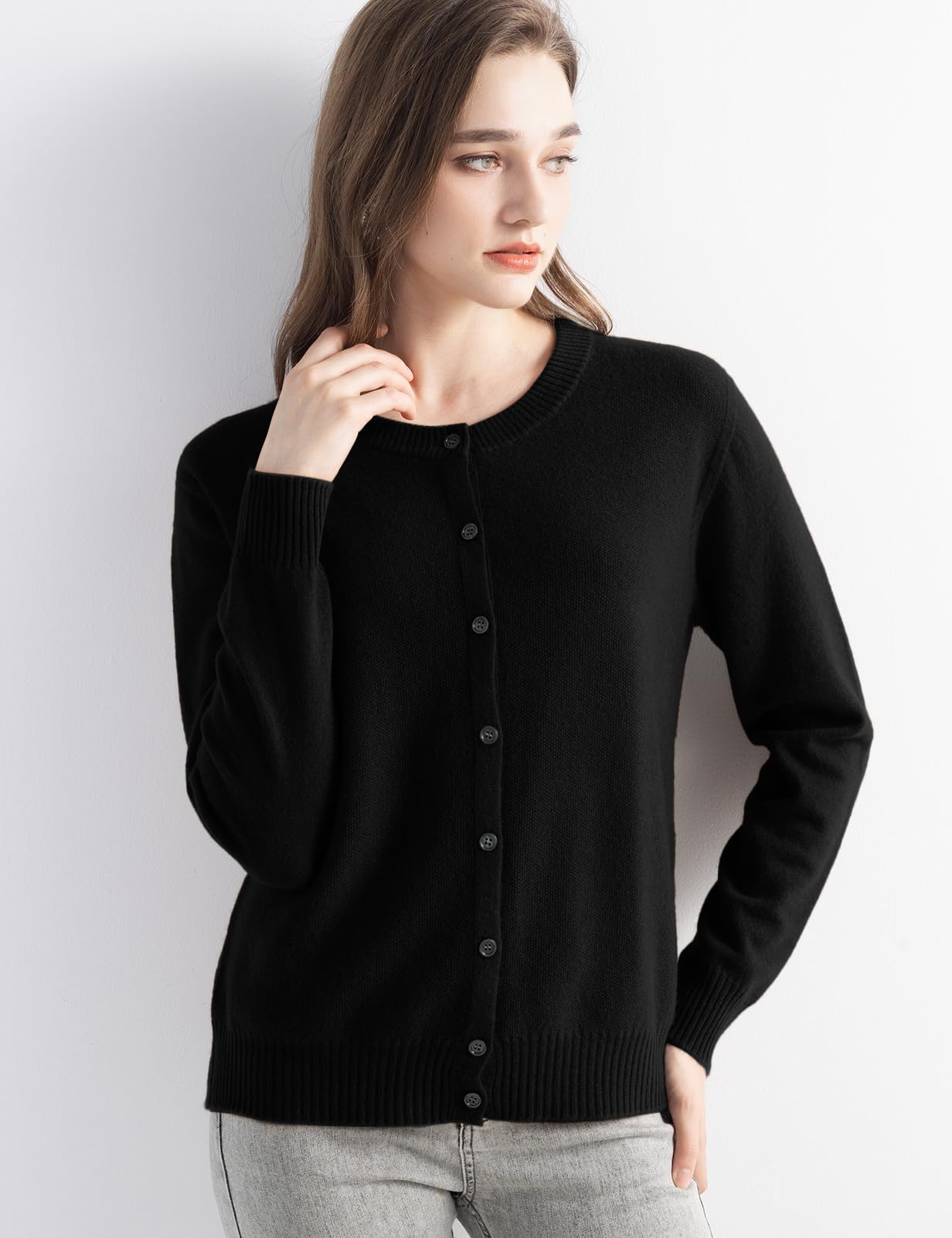 Chanyarn Women's 100% Pure Cashmere Cardigan Crew Neck Long Sleeve 2025 Fall Winter Warm Soft Knit Cardigan Sweater (Black,M)