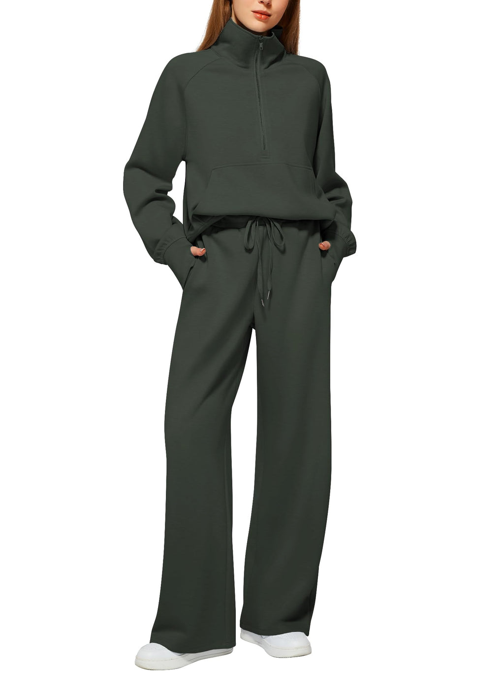 Casly Lamiit Two Piece Lounge Set for Women Matching Casual Sweatsuit Winter Long Sleeve Half Zip Sweatshirt Wide Leg Pants Travel Outfits Airport Athleisure Clothes Dark Grey Green M