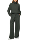 Casly Lamiit Two Piece Lounge Set for Women Matching Casual Sweatsuit Winter Long Sleeve Half Zip Sweatshirt Wide Leg Pants Travel Outfits Airport Athleisure Clothes Dark Grey Green M